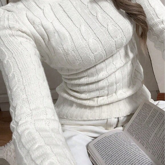 White Casual Women's Lightweight Round Neck Long Sleeve Slim Fit Fitted Cropped - Picture 6 of 6